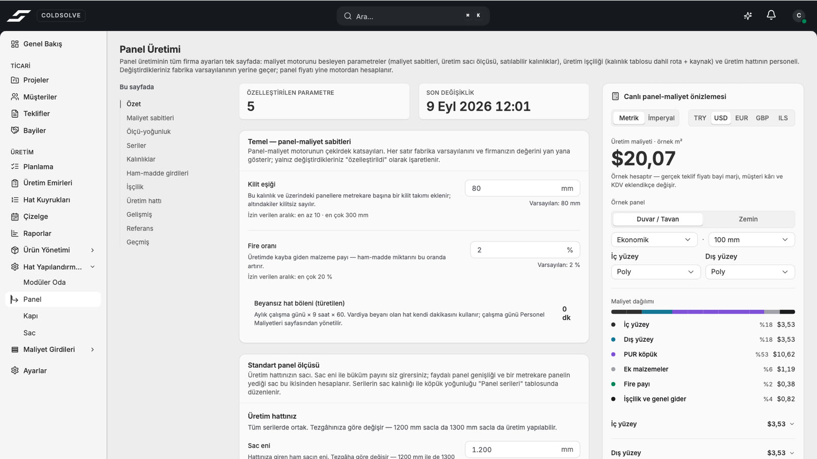 Coldsolve panel production page with live panel-cost preview