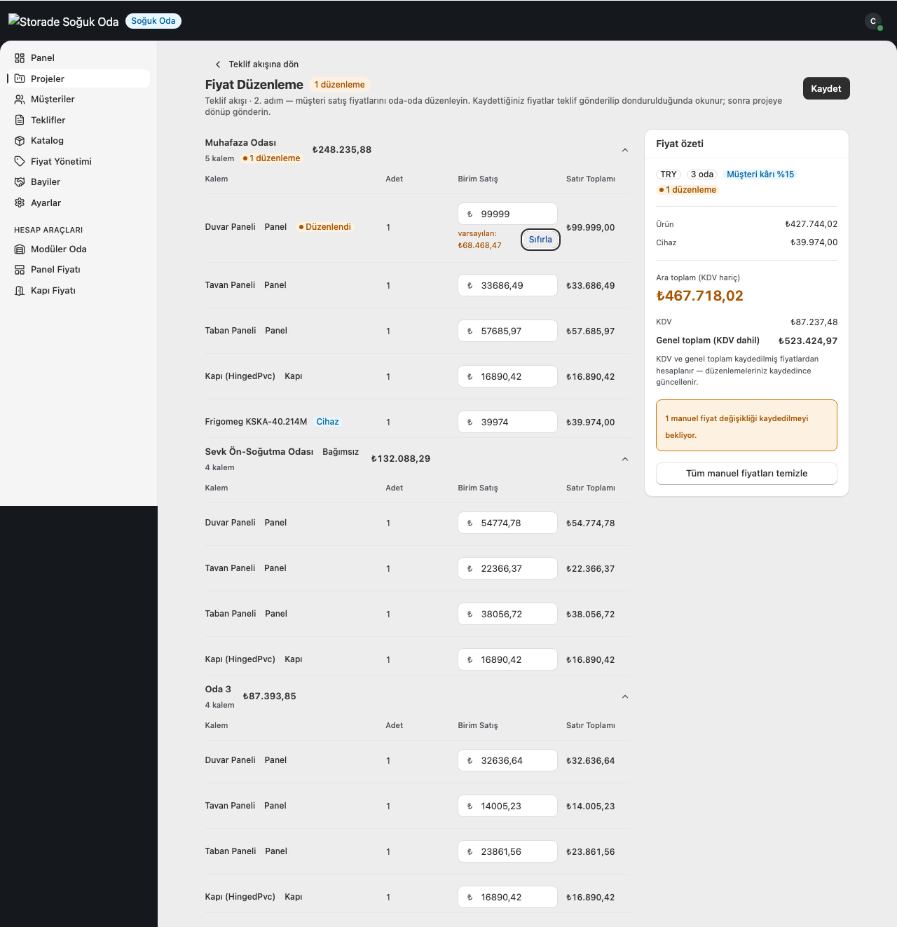 Coldsolve room-level selling-price adjustment screen