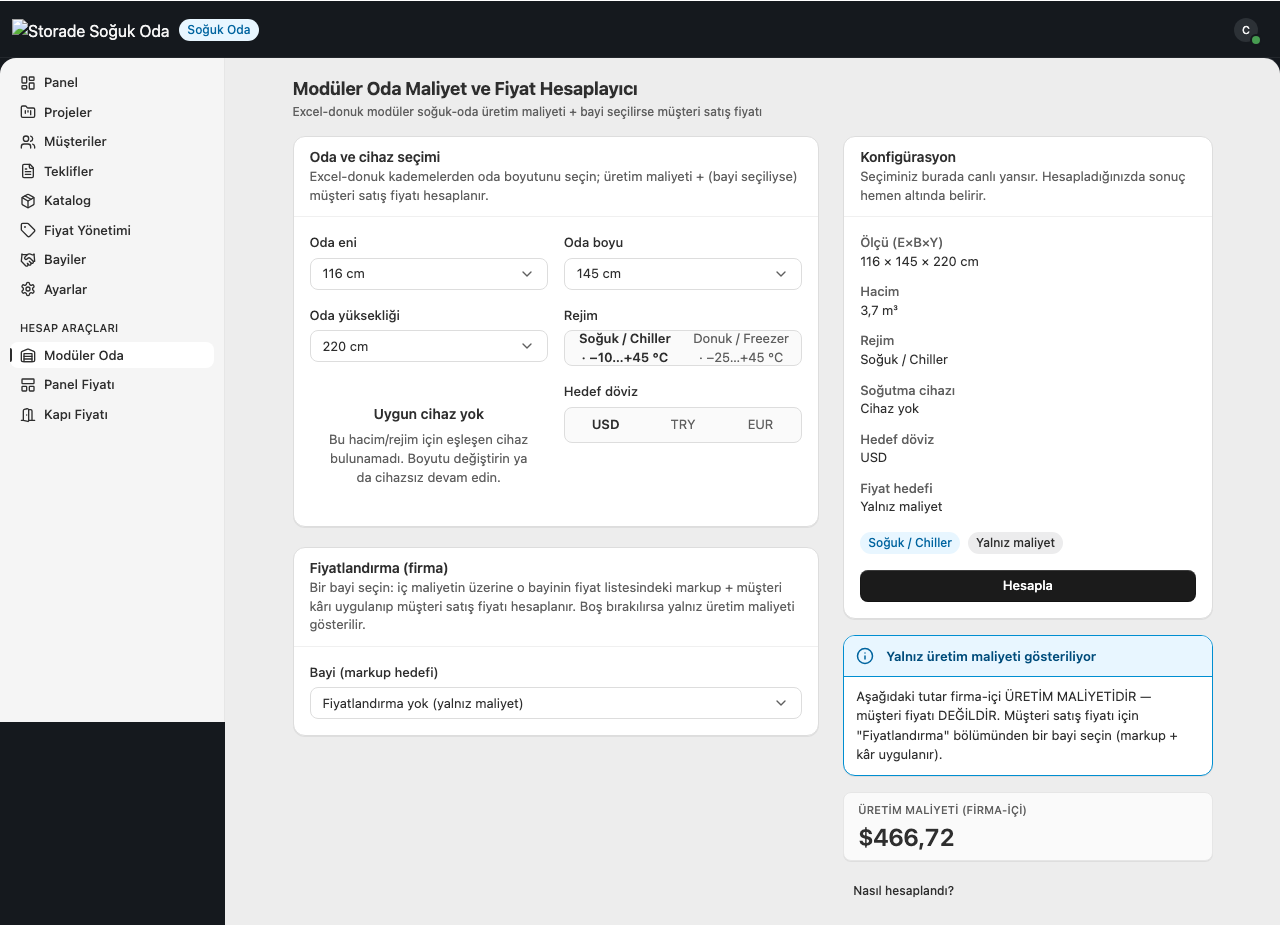 Coldsolve modular-room configuration and cost screen