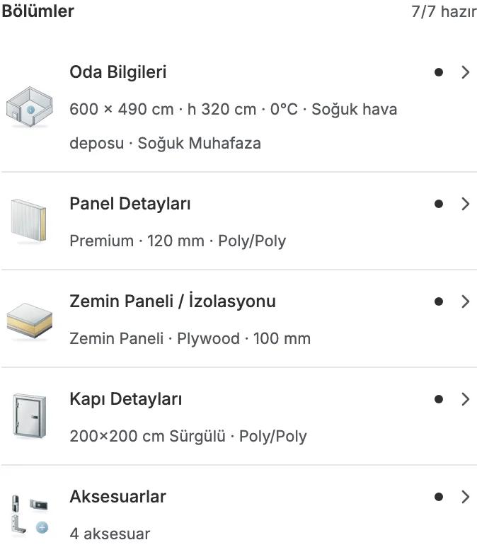 Room sections card: dimensions, panels, doors and equipment