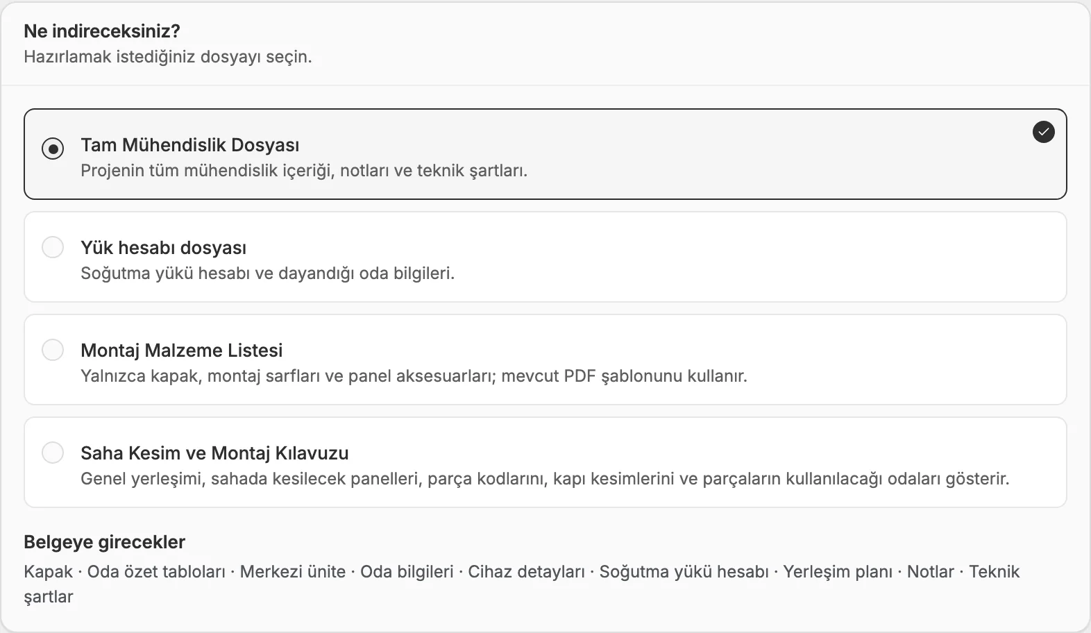 Technical file selection: engineering dossier, load report, installation list